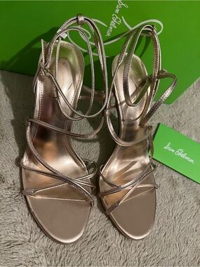 Sam Edelman Sareena Champagne Lea Metallic Rose Gold Strappy Heels